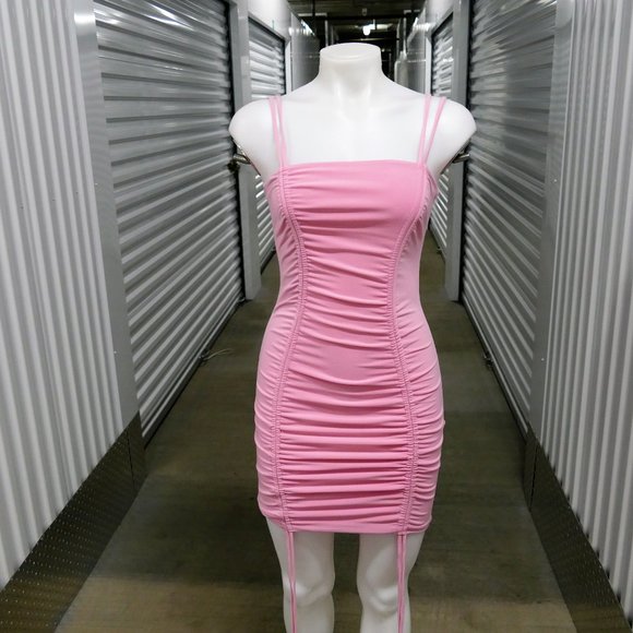 Bubble Gum Pink Ruched Bodycon Mini Dress Small - Picture 3 of 12